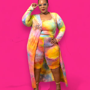 Blitz yellow - Plus size multi color 3 pc set with long cardigan and shirt too and leggings.